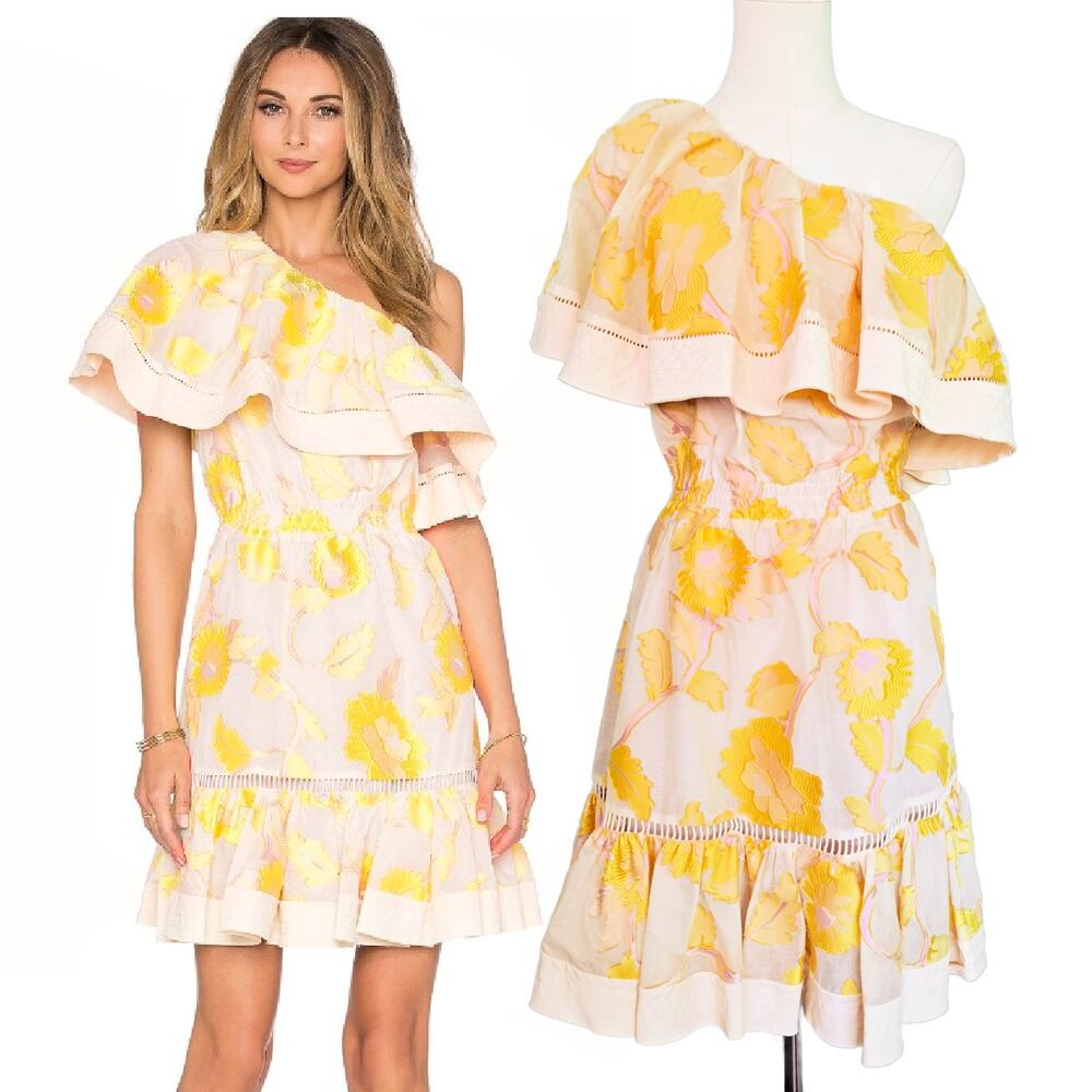 Rebecca Taylor Fil Coupe One Shoulder Dress Sz 10 Lemon Yellow Floral Ruffle